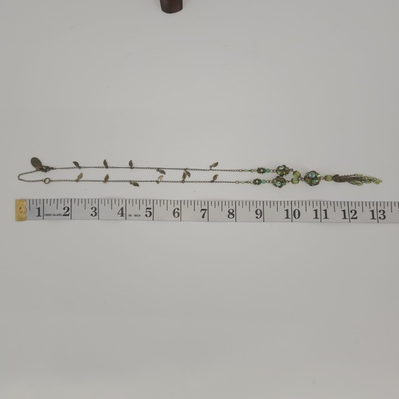 Michal Negrin Green Crystal Tassel Necklace Bronze Tone 25" Boho Romantic Leaf - Picture 8 of 10